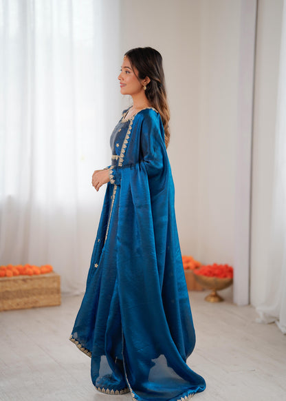 Designer Fandy Silk Gown Set with Dupatta & Pant