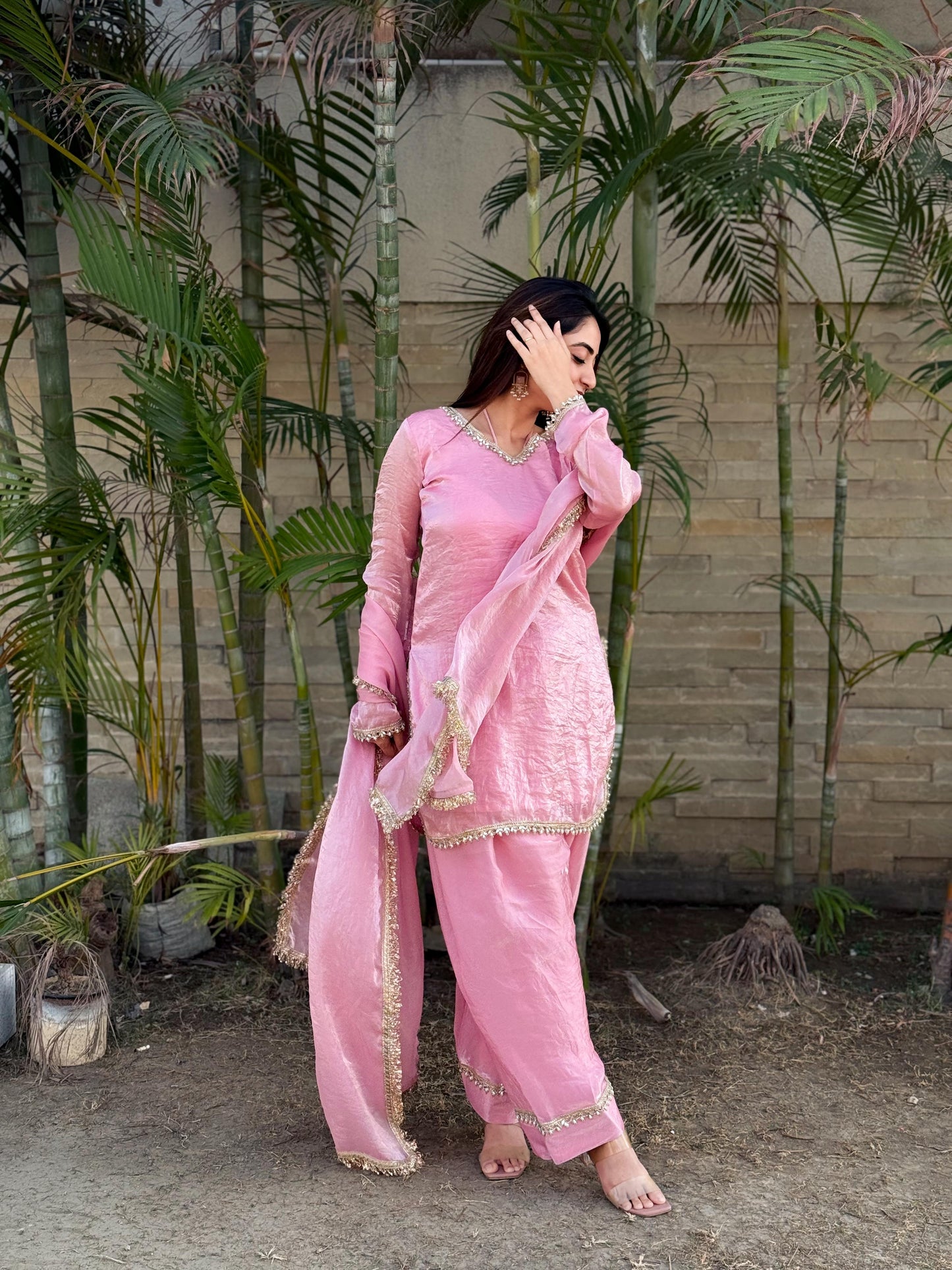 Designer Farsi Salwar Set – Fendi Satin Silk with Mirror Work