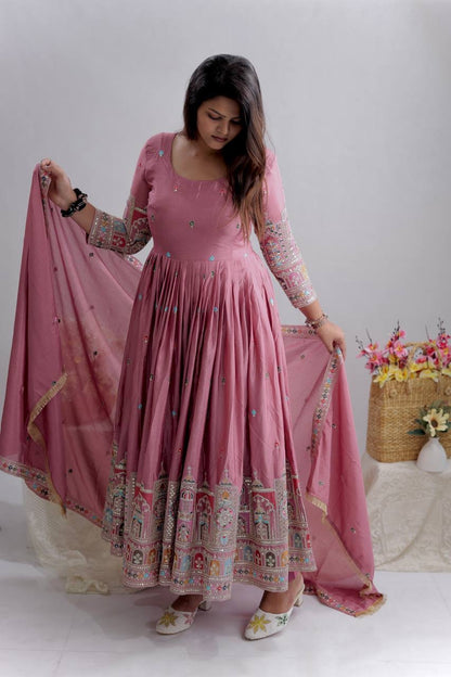 Designer Cinon Silk Embroidered Gown Pant Dupatta Set