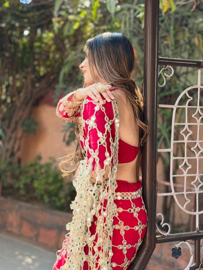 Fendy Silk Real Mirror Work Designer Saree – Red