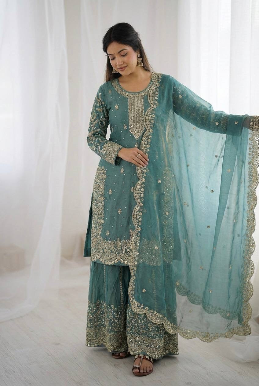 Premium Fndy Silk Sequence Work Kurta Palazzo Set