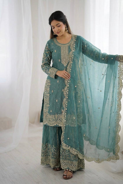Premium Fndy Silk Sequence Work Kurta Palazzo Set