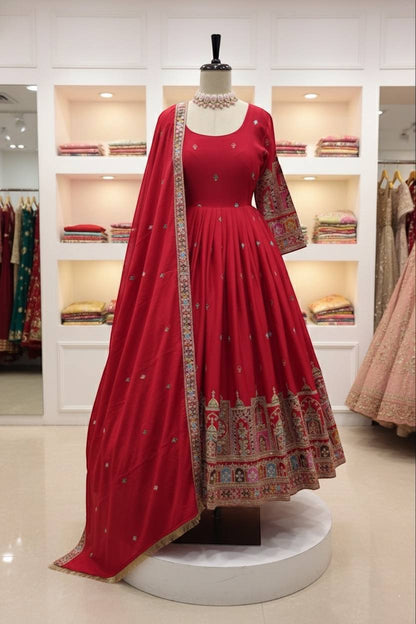 Designer Cinon Silk Embroidered Gown Pant Dupatta Set