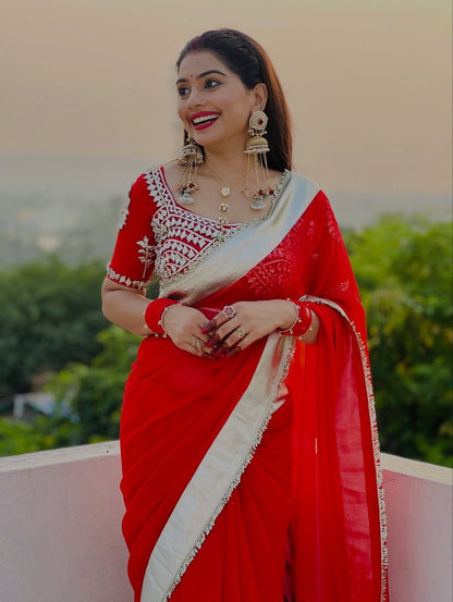 Premium Hand Charkhi Gotta Patti Saree With Stitch Blouse