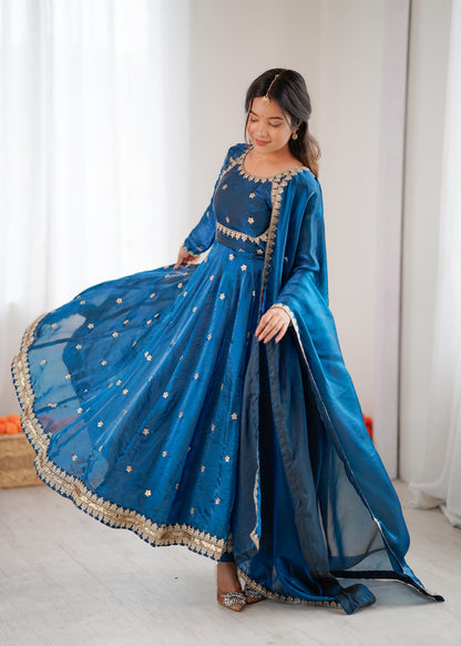 Designer Fandy Silk Gown Set with Dupatta & Pant