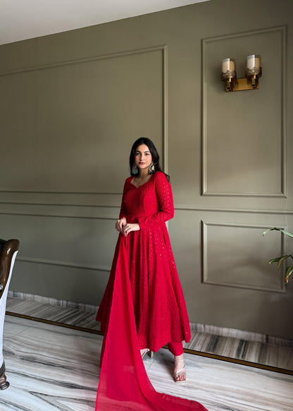 Red Lucknowi Chikankari Set