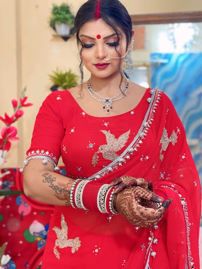 Royal Red Bridal Georgette Saree with Sparkle Embellishment