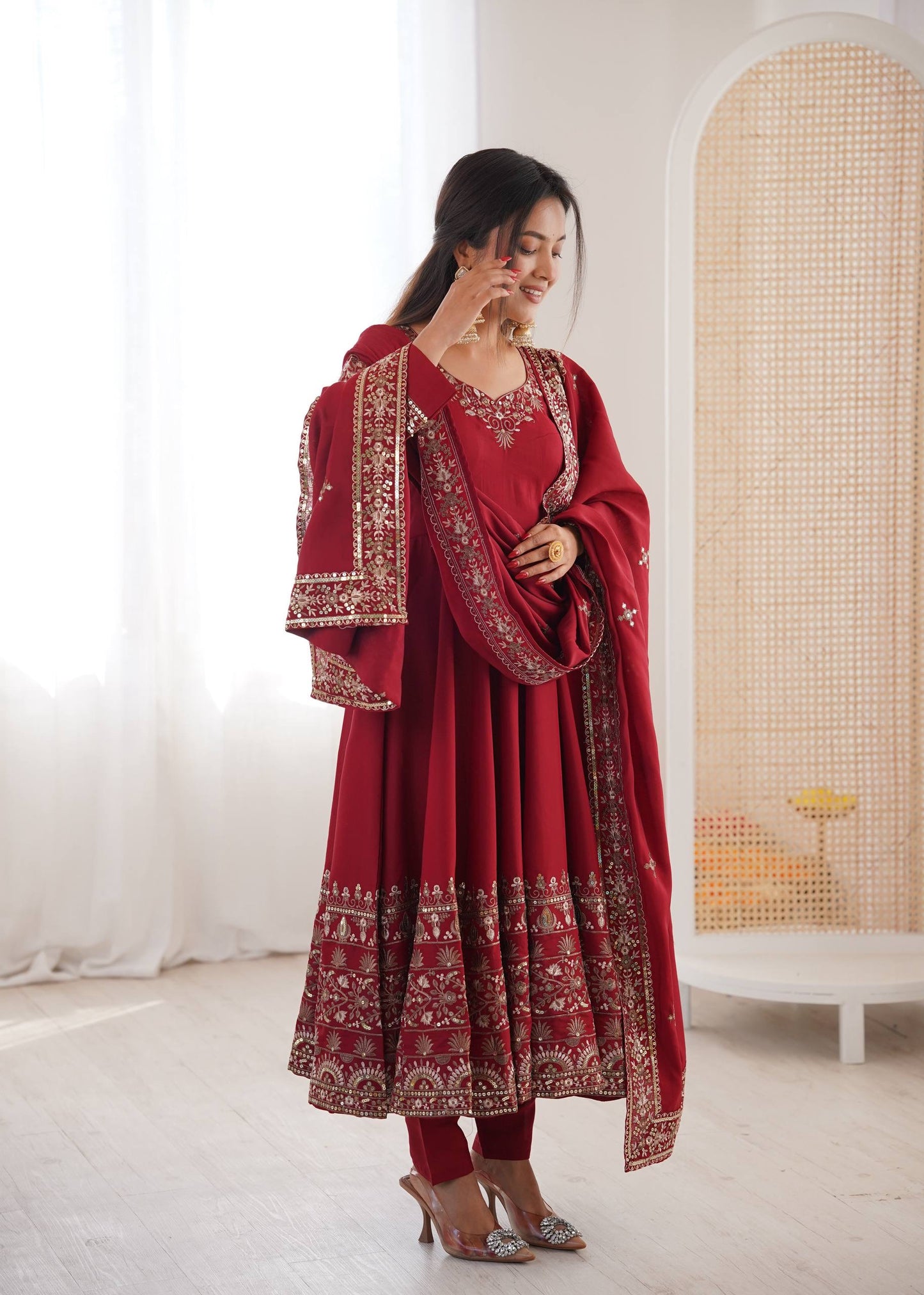 Elegant Embroidered Sequence Designer Anarkali 3-Piece Set