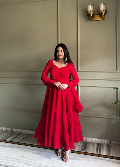 Red Lucknowi Chikankari Set