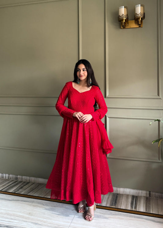 Red Lucknowi Chikankari Set