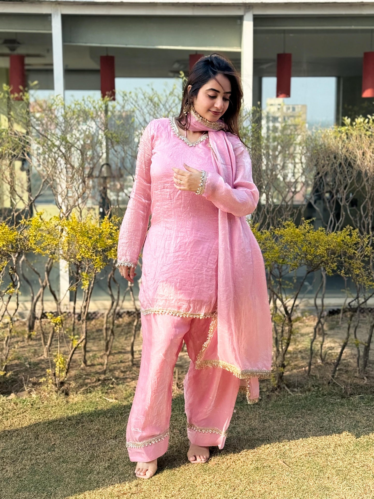Designer Farsi Salwar Set – Fendi Satin Silk with Mirror Work