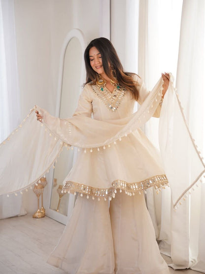 Premium Chinon Mirror Work Palazzo Set With Kodi Lace Dupatta