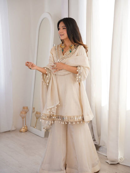 Premium Chinon Mirror Work Palazzo Set With Kodi Lace Dupatta