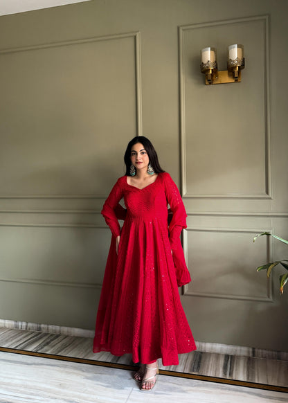 Red Lucknowi Chikankari Set