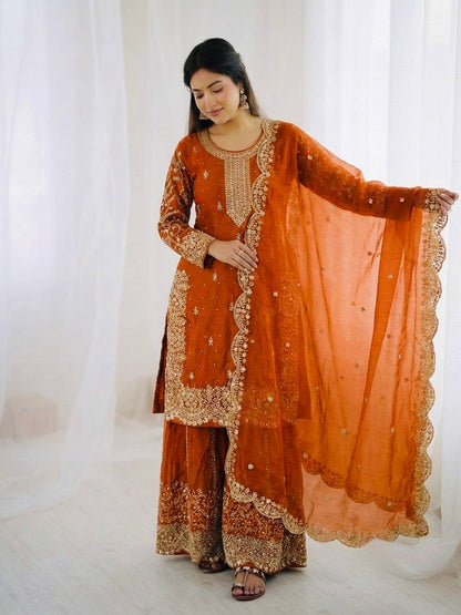 Premium Fndy Silk Sequence Work Kurta Palazzo Set