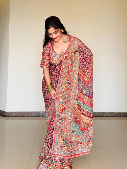Mirror Shine Saree – Chinnon Print with Zari & Diamond Work