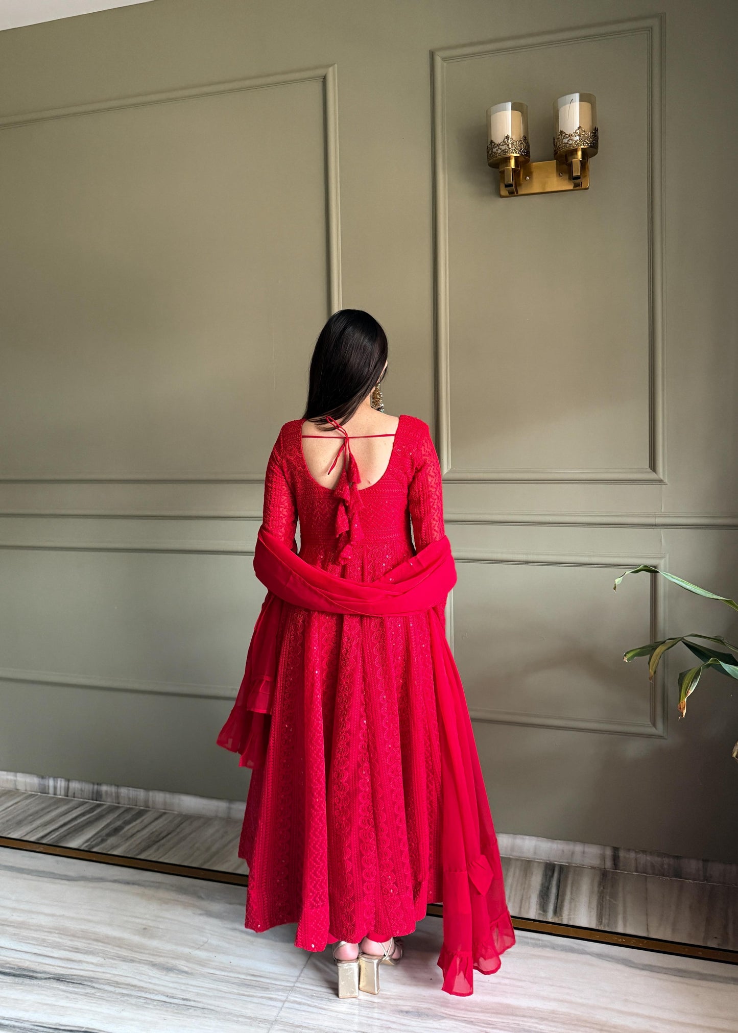 Red Lucknowi Chikankari Set