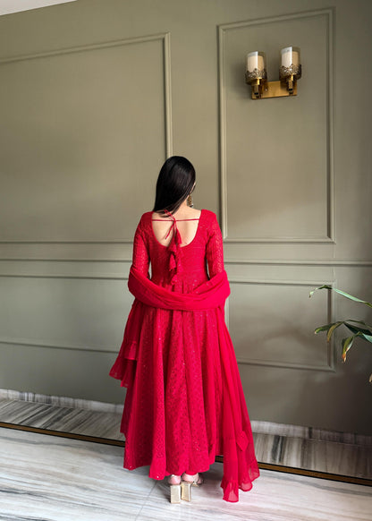 Red Lucknowi Chikankari Set