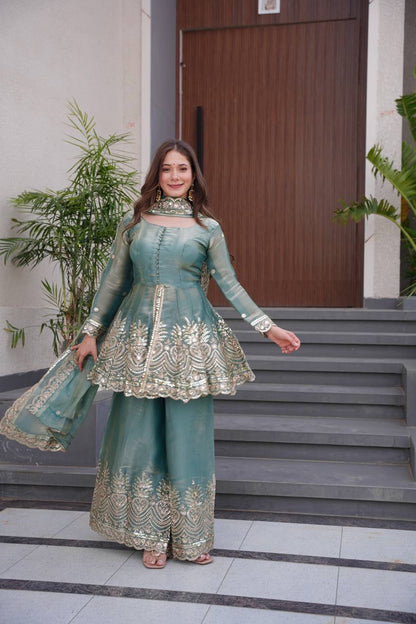 Fendy Satin Silk Gown Sharara Set with Mirror Work |