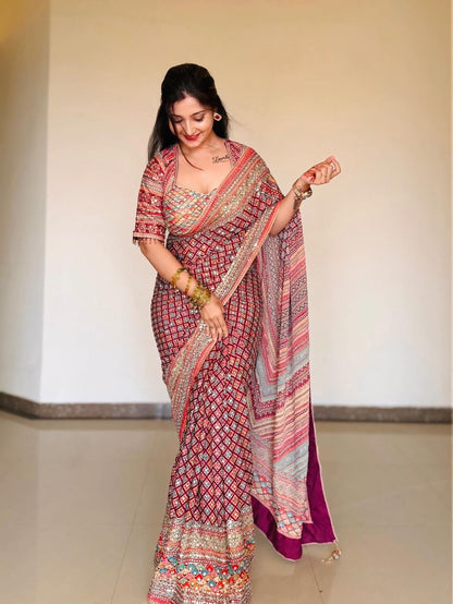 Mirror Shine Saree – Chinnon Print with Zari & Diamond Work