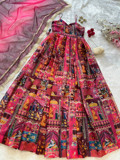 Gulnaar Digital Print Flared Anarkali Set