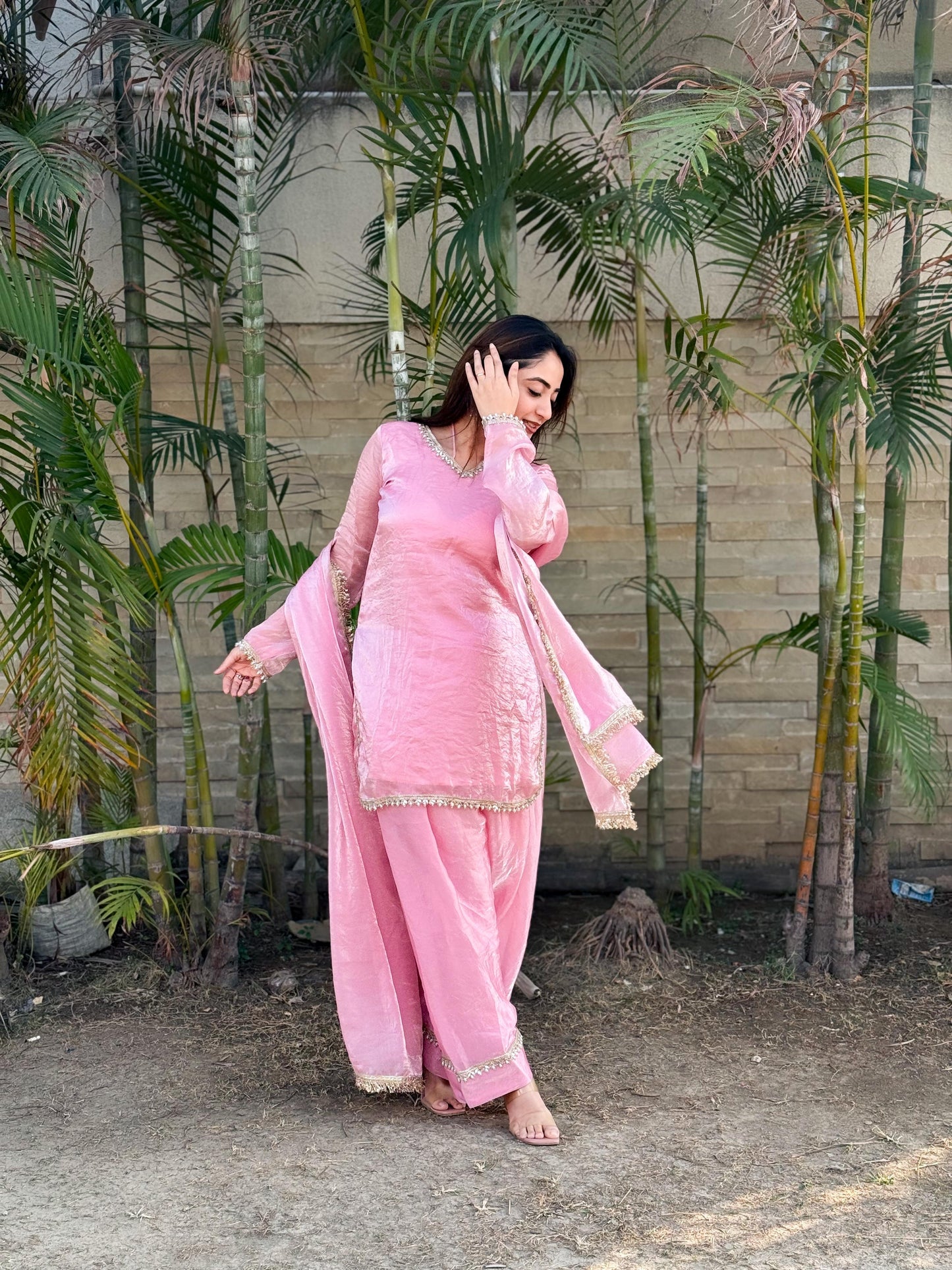 Designer Farsi Salwar Set – Fendi Satin Silk with Mirror Work