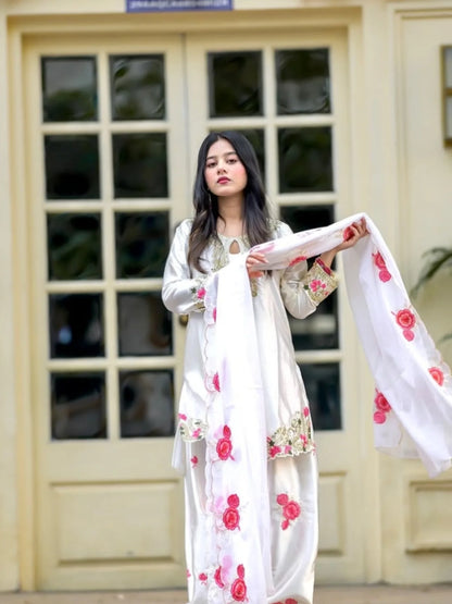 Party Wear Top With Farshi Salwar & Organza Dupatta Set
