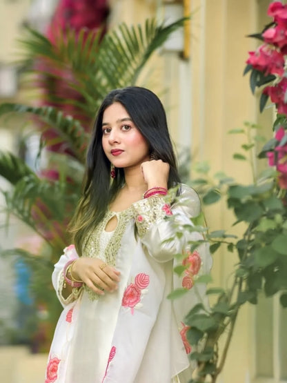 Party Wear Top With Farshi Salwar & Organza Dupatta Set
