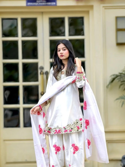 Party Wear Top With Farshi Salwar & Organza Dupatta Set