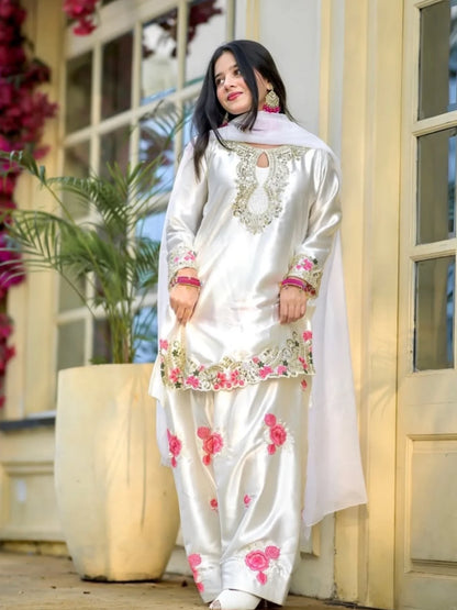 Party Wear Top With Farshi Salwar & Organza Dupatta Set