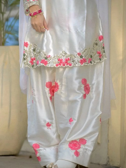 Party Wear Top With Farshi Salwar & Organza Dupatta Set